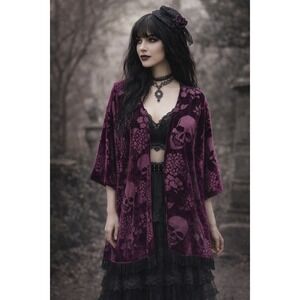 Y2K Whimsigoth Skull Burnout Velvet Fringe Kimono Cardigan Size M Witchy Vampy